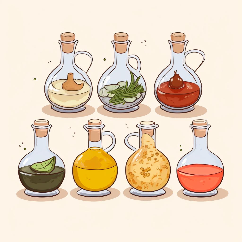 A selection of different marinade bases like oil, vinegar, and yogurt.