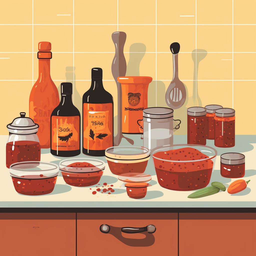 Ingredients for barbecue sauce displayed on a kitchen counter.