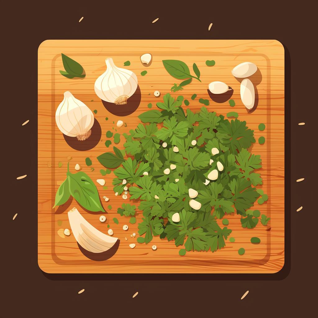 Chopped herbs and peeled garlic on a cutting board.