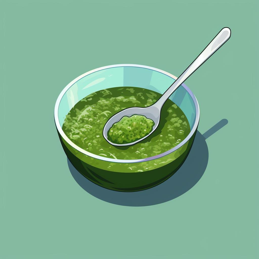 Bowl of Chimichurri sauce with a spoon.